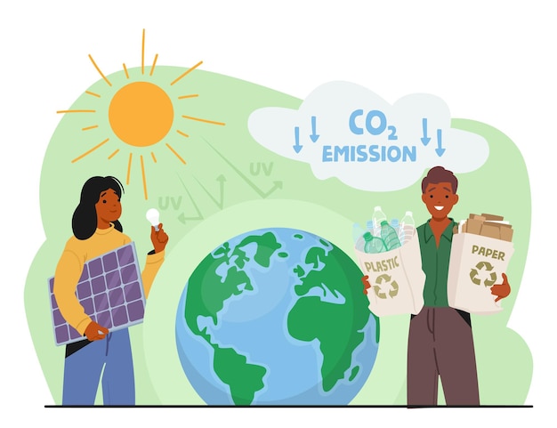 Personnages De Concept De Réchauffement Climatique Et De Solutions Environnementales D'énergie Verte Avec Panneau Solaire Et Emballage Réutilisable Près Du Globe Terrestre énergie Renouvelable Du Soleil Illustration Vectorielle De Dessin Animé D'énergie Propre