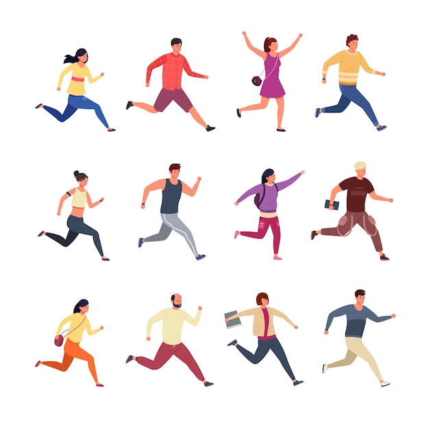 Personnages en cours d'exécution Des personnages de dessins animés portant des vêtements décontractés et de sport en cours d'exécution et de jogging pressés hommes et femmes Ensemble vectoriel