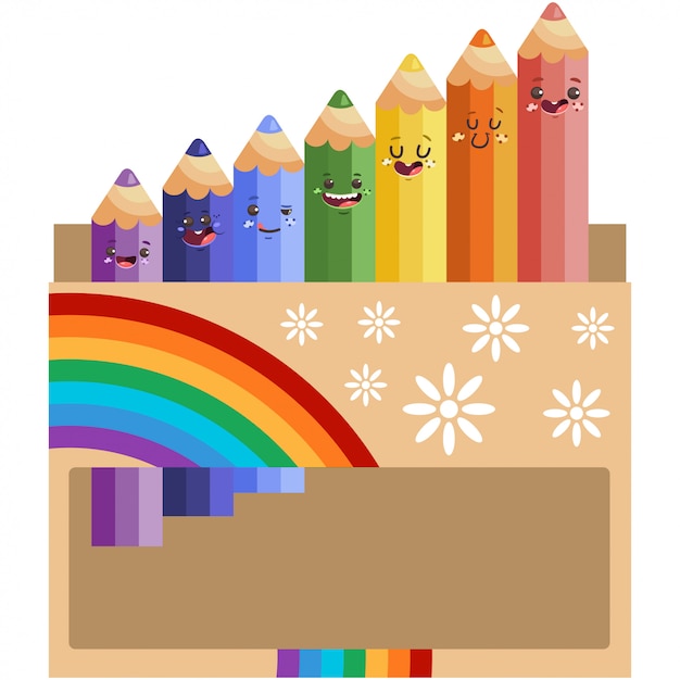 Personnages De Crayon De Couleur Mignons Dans Une Boîte Avec Différentes émotions Vector Illustration De Dessin Animé Isolé