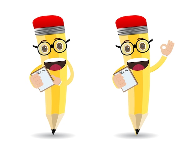 personnages de crayon de dessin animé jaune tenant un livre portant des lunettes