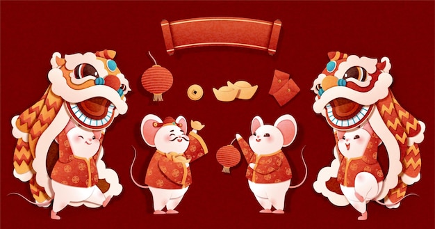 Personnages De Danse Du Lion De L'année Du Rat Dans Un Style Art Papier Sur Fond Rouge