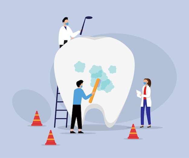 Les personnages des dentistes de la stomatologie prennent soin de la dent géante