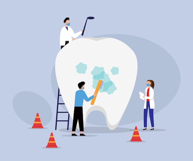 Vecteur les personnages des dentistes de la stomatologie prennent soin de la dent géante