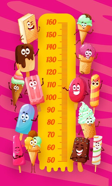 Personnages de desserts à la crème glacée sur le tableau de hauteur des enfants. Compteur de mesure de vecteur de croissance de l'enfant avec glace mignonne souriante, crème glacée à la popsicle et au sorbet, jus congelé, dessert eskimo et sundae dans un cône de gaufre