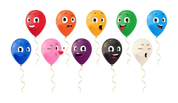 Personnages De Dessin Animé De Ballon La Fête D'anniversaire Et Le Carnaval Célèbrent Les Symboles De La Mascotte Avec Des Visages Drôles Boules Volantes émotions Heureuses Expressions Tristes Image Vectorielle Clipart Coloré Brillant