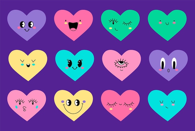 Personnages de dessin animé coeur coloré avec émoticône grimaces Symbole de la Saint-Valentin