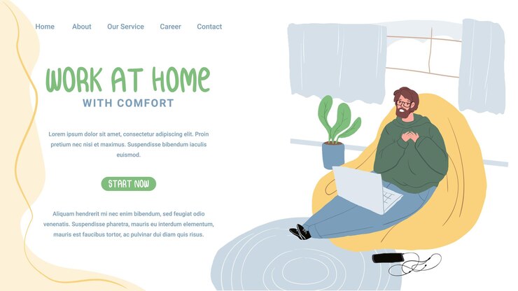 Les personnages de dessin animé de vecteur plat heureux freelancer travaillent dans l'espace de travail intérieur de l'appartement de bureau à domicile. Le jeune homme est assis dans une atmosphère chaleureuse travaillant sur la conception de la page de destination pour ordinateur portable, concept de travail indépendant en ligne