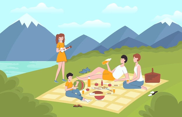 Personnages de dessins animés en couleur Personnes Famille se détendant lors d'un pique-nique Vecteur de concept
