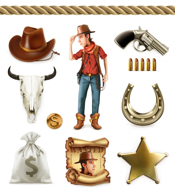 Personnages De Dessins Animés De Cowboy Et Objets. Aventure Occidentale.