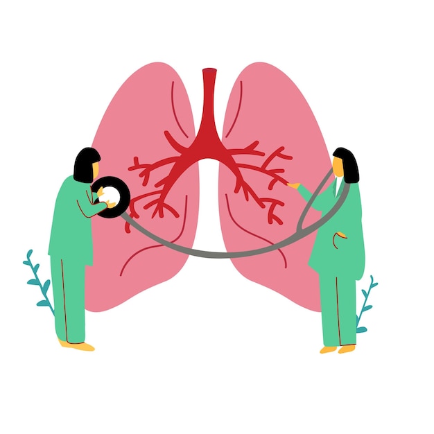 Des Personnages De Dessins Animés Dessinés à La Main étudient Les Poumons Humains. Les Médecins Examinent Le Système Respiratoire, La Pneumologie. Une Illustration Médicale De Couleur Vive Isolée Sur Fond Blanc. Le Concept De Santé Publique.