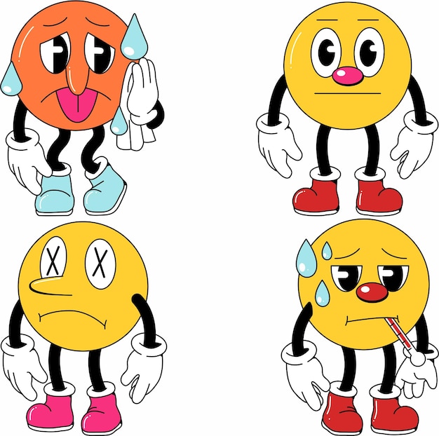 Des personnages de dessins animés avec des expressions différentes montrant qu'ils sont malades