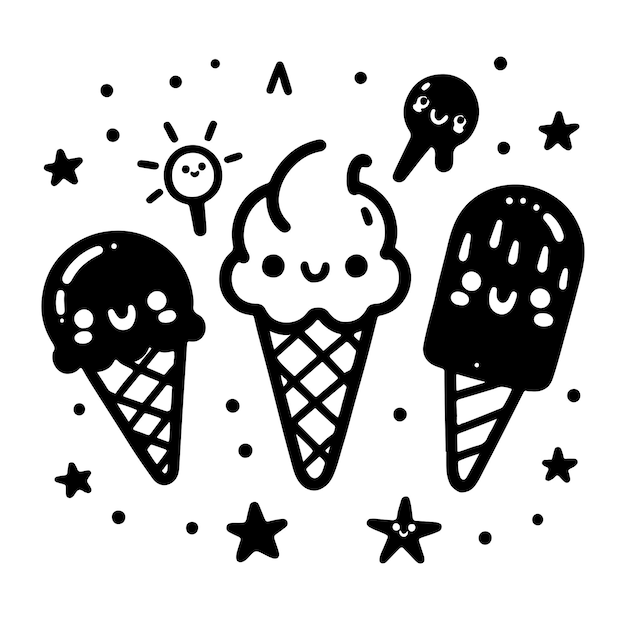 Des Personnages De Dessins Animés Kawaii Mignons, De La Crème Glacée Avec Des Visages Souriants, Des Griffons Amusants Et Heureux Pour Les Enfants.