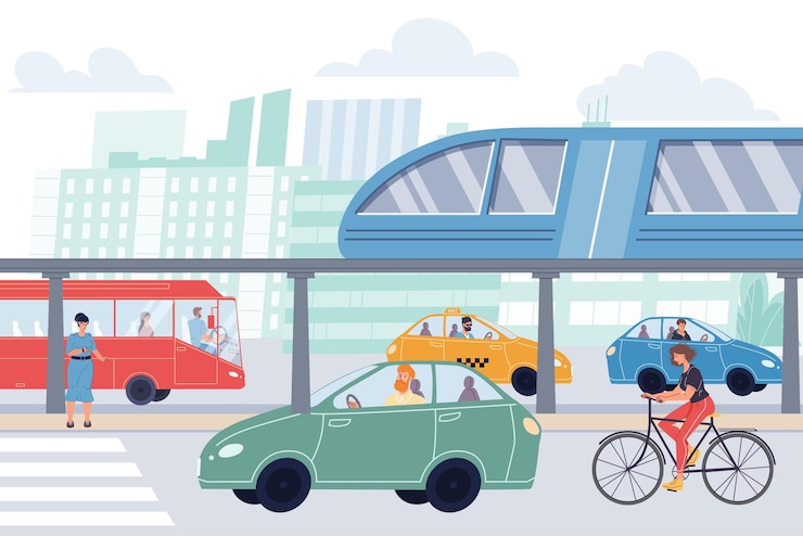 Vecteur personnages de dessins animés plats vectoriels dans la circulation urbaine. diverses personnes se trouvant sur la route - elles roulent dans des voitures, des bus, des vélos et des métros au-dessus du sol. conception de bannières en ligne web, scène de vie, concept d'histoire sociale