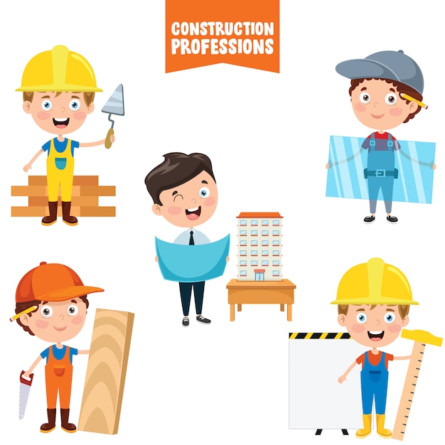 Vecteur personnages de dessins animés des professions de la construction