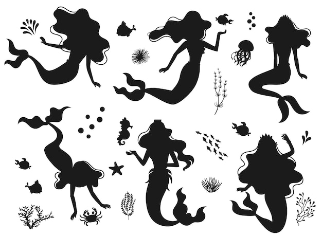 Personnages De Dessins Animés De Sirène Belles Créatures Mythiques Animaux Poissons Isolés Silhouettes Vectorielles