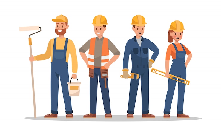 Vecteur personnages du personnel de construction. comptez contremaître, peintre, électricien, paysagiste, charpentier.