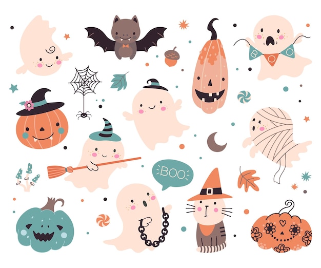 Personnages effrayants mignons Enfants horreur halloween fantôme mystère décoration clipart Spooky chat citrouille avec chapeau et guirlandes Boo fantômes vecteur ensemble de personnage halloween effrayant illustration effrayante