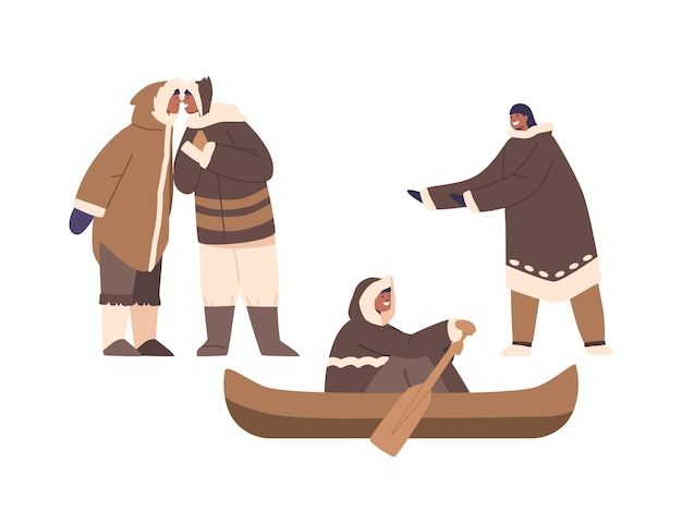 Vecteur personnages esquimaux isolés sur un bateau se saluant avec nosetonose touch gesticulant des scènes de style de vie des inuits et des traditions résilientes du patrimoine culturel illustration vectorielle de dessin animé