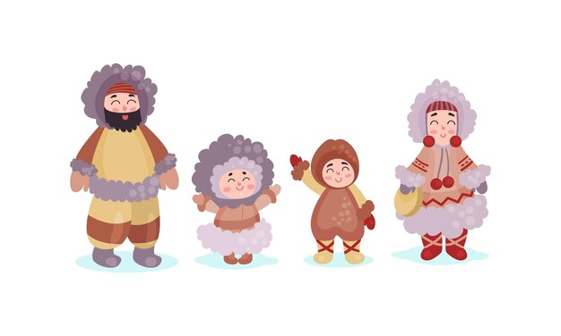 Vecteur les personnages esquimaux portant des vêtements d'hiver chauds set d'illustrations vectorielles debout