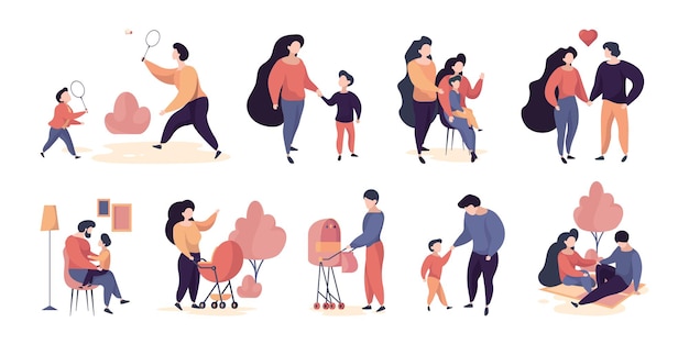 Personnages familiaux. Personnes adultes mère et père marchant avec des vêtements décontractés pour enfants couples heureux personnes vectorielles criardes. La mère et le père passent du temps avec l'illustration des enfants