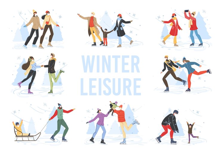 Vecteur personnages de famille de dessin animé faisant des activités de sports d'hiver en plein air, ski, patinage sur glace et luge dans la neige
