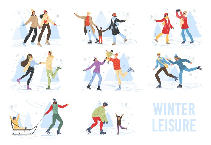 Vecteur personnages de famille de dessin animé plat faisant des activités sportives de plein air d'hiver