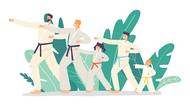 Personnages de la famille Entraînement aux arts martiaux. Père, mère et enfants portant un kimono avec des ceintures colorées se tiennent debout dans une posture de combat avec des bras frappants. Activité sportive. Illustration vectorielle de gens de dessin animé