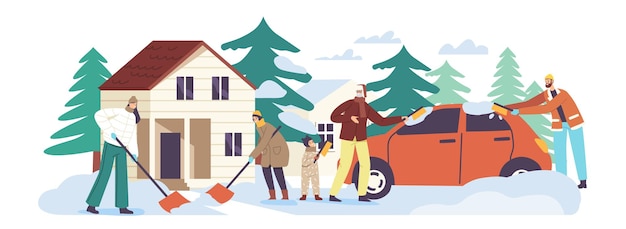 Personnages De La Famille Heureuse Parents Et Enfants Pelletant La Neige De La Cour Avant De La Maison à L'aide De Pelles Et De Brosses, Nettoyant La Route Et La Voiture Après Les Chutes De Neige. Activité De L'heure D'hiver. Illustration Vectorielle De Gens De Dessin Animé