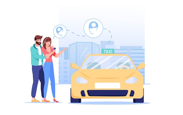 Personnages de famille de style plat de dessin animé commandent une illustration de taxi