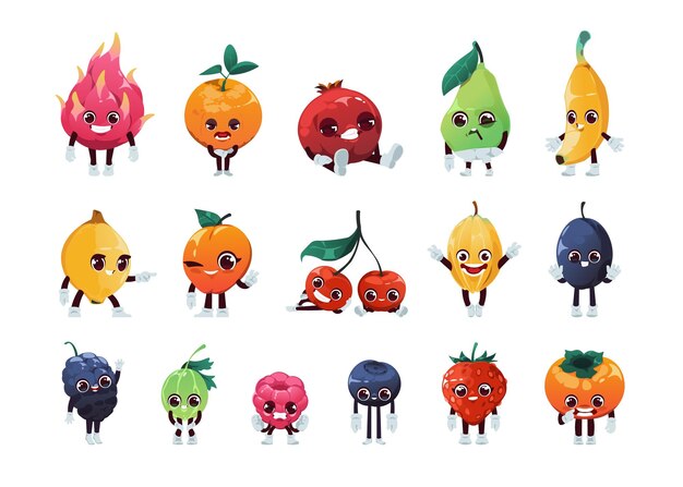 Personnages de fruits de dessin animé joyeux enfant heureux fruits avec des grimaces souriantes personnes de mascotte avec les yeux mains et les jambes vecteur pomme abricot fraise ananas ensemble