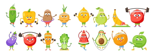 Vecteur personnages de fruits et légumes exercices sportifs pomme de terre concombre chou chinois poivron tomate et carotte
