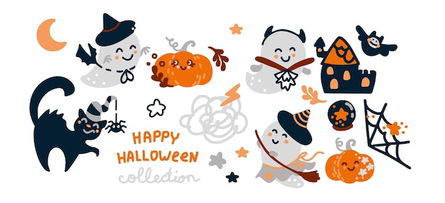Personnages d'Halloween pour enfants Fantôme drôle de sorcière vampire araignée citrouille Halloween set Vector