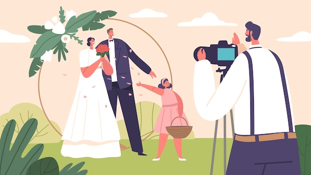 Les personnages heureux de la mariée et du marié prennent des poses élégantes capturant l'amour et la joie dans leurs photos de mariage au jardin créant des souvenirs chers de leur jour spécial.