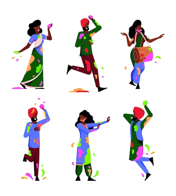 Vecteur personnages holi des danseurs heureux avec des costumes de peinture colorés jouant en action posent des illustrations vectorielles criardes holi collection de personnages indiens célébration du festival traditionnel