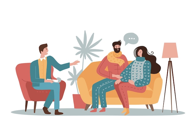 Personnages de jeunes couples familiaux parlant à un psychologue masculin de leurs problèmes concept de psychoth...
