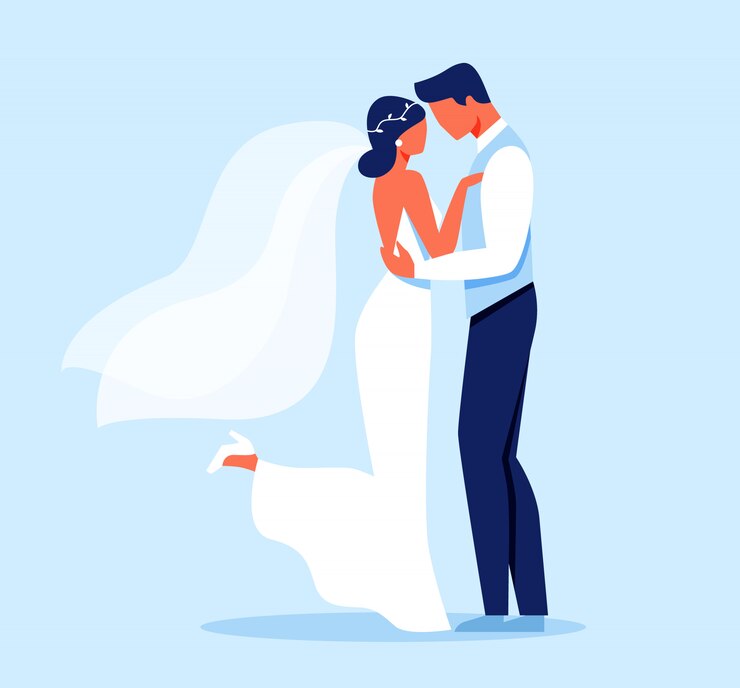 Vecteur personnages des jeunes mariés embrassant le jour du mariage