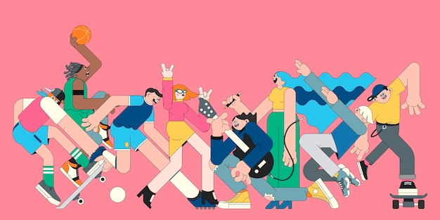 Personnages de la jeunesse sur le vecteur de bannière rose
