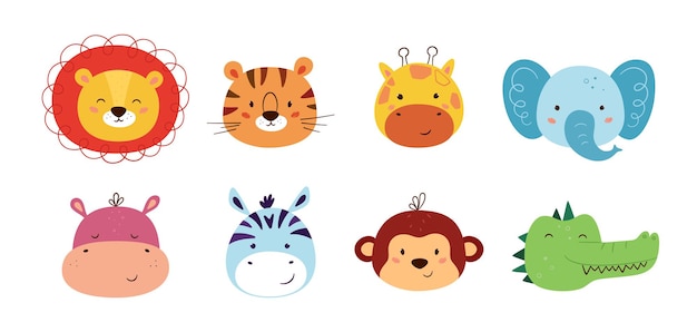 Personnages kawaii animaux mignons. Lion drôle, tigre, girafe, éléphant, singe, hippopotame, zèbre, crocodile