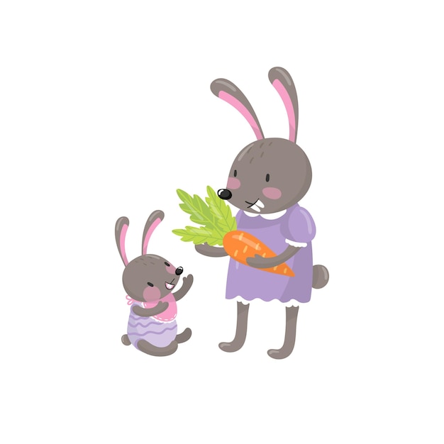 Personnages de lapins mignons mère et petit bébé Portrait de famille de lapin heureux Animaux de la forêt humanisés dans des vêtements humains Conception de vecteur plat pour livre ou carte postale