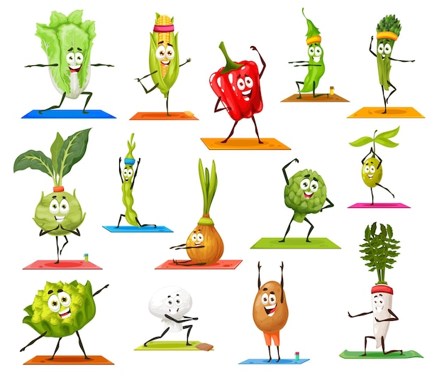 Vecteur personnages de légumes de dessin animé sur le yoga et le pilates