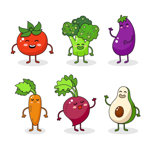 Vecteur personnages de légumes drôles de dessin animé autocollant de nourriture heureuse grande collection carotte tomate brocoli