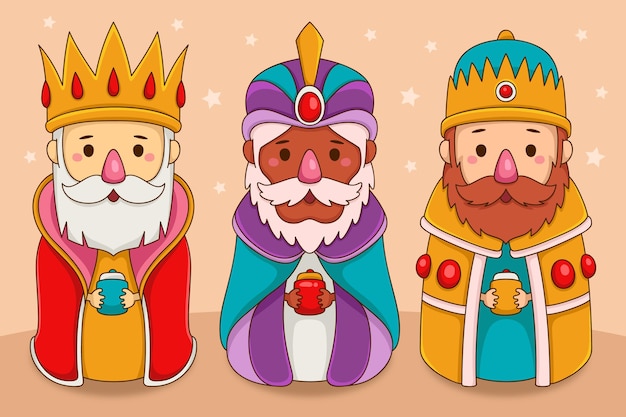 Personnages de magos de reyes dessinés à la main