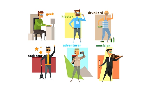 Personnages Masculins Définis Personnes Loisirs Professions Et Modes De Vie Geek Hipster Ivrogne Rockstar Aventurier Musicien Vecteur Illustration Isolé Sur Fond Blanc