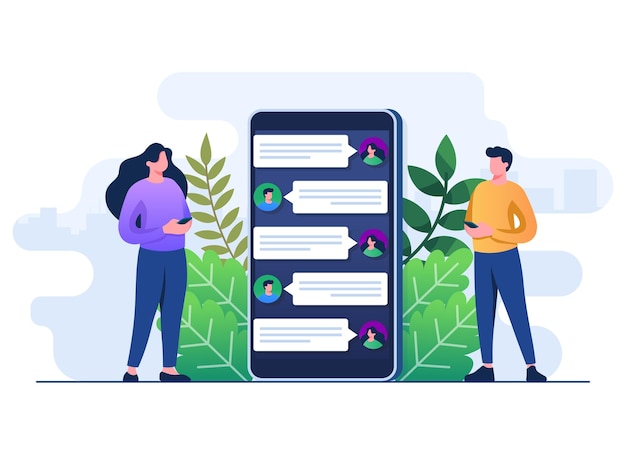 Des personnages masculins et féminins communiquant sur une plateforme de chat en ligne