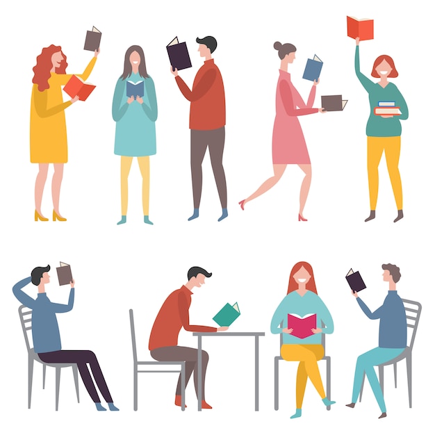 Personnages masculins et féminins debout et assis et lisant des livres