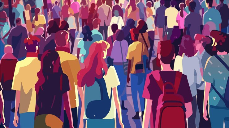 Vecteur personnages masculins et féminins perdus dans le concept de la scène bondée