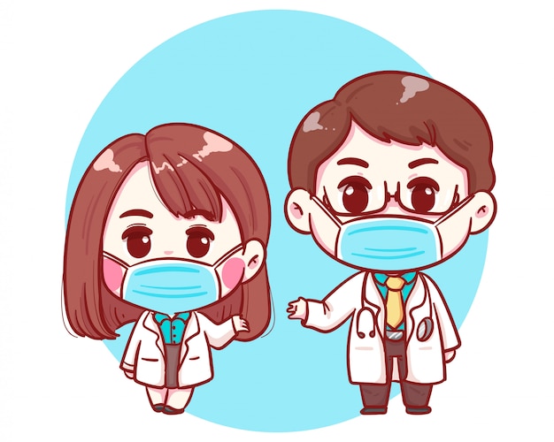 Personnages de médecin mignon mâle et femelle en illustration de style dessin animé