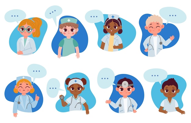 Personnages De Médecins Pour Enfants Avec Bulle De Dialogue, Informations Sur La Santé Médicale. Dessin Animé Enfants Infirmière, Dentiste, Médecin Parlent De L'ensemble De Vecteurs De Soins De Santé