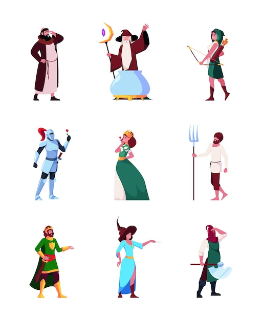 Vecteur personnages médiévaux royaume princesses fantastiques archers chevaliers carnaval royal costumes européens personnages historiques vecteur criard ensemble de modèles plats