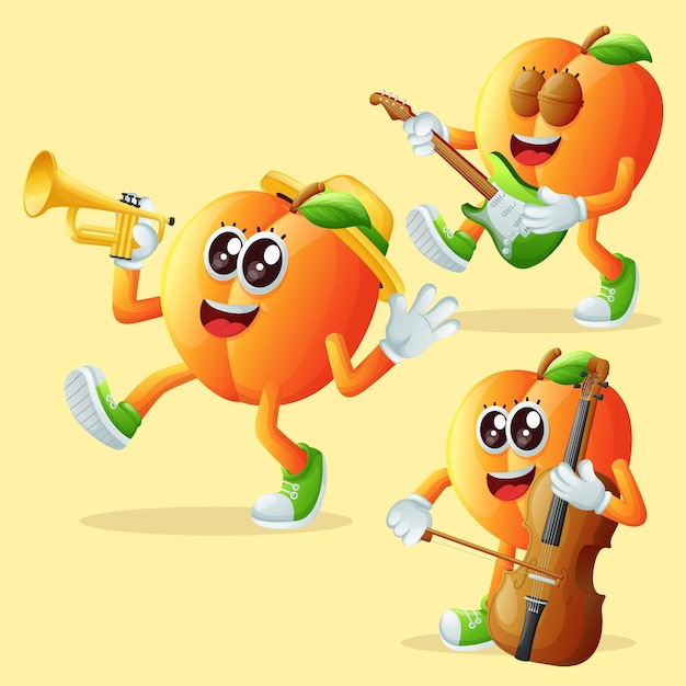 Vecteur personnages mignons d'abricot jouant des instruments de musique